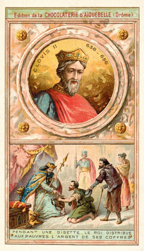 Clovis II dává peníze ze své pokladny chudým v době strádání, 7. století (chromolitho) od French School