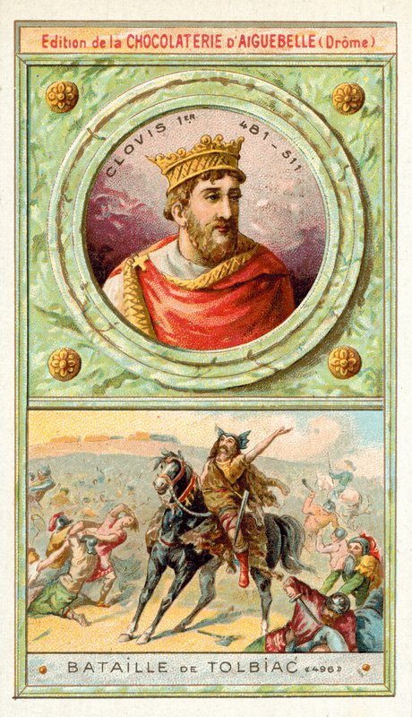 Clovis I v bitvě u Tolbiac, 496 (chromolitho) od French School