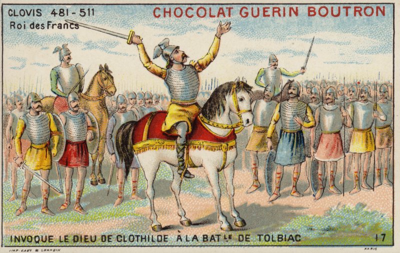 Clovis I. vzývající boha Clotilde v bitvě u Tolbiacu, 496 (chromolitho) od French School