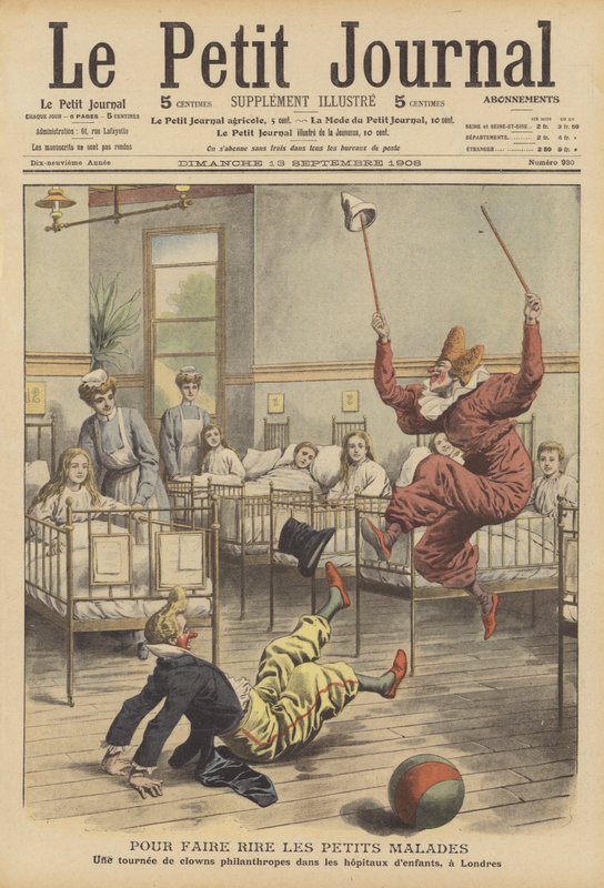 Klauni baví nemocné děti v londýnské nemocnici (barevná litografie) od French School