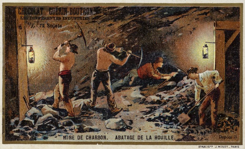 Uhelný důl. Těžba uhlí na porubu (chromolitho) od French School