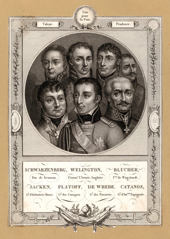 Koaliční vojenští velitelé napoleonských válek: Fabian Gottlieb von der Osten-Sacken, ruský generál pěchoty; Matvei Platov, ruský generál velení donských kozáků; Karl Philipp von Wrede, bavorský generál; Francisco Javier Castanos, Sp od French School