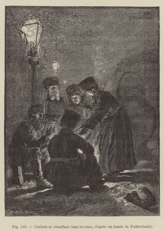Kočí se vyhřívají na ulicích (rytina) od French School