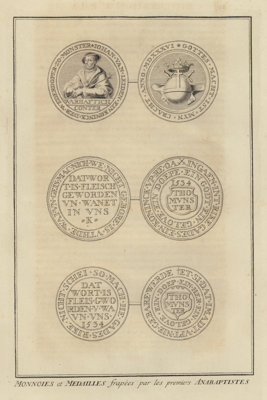 Mince a medaile vyražené prvními anabaptisty (rytina) od French School