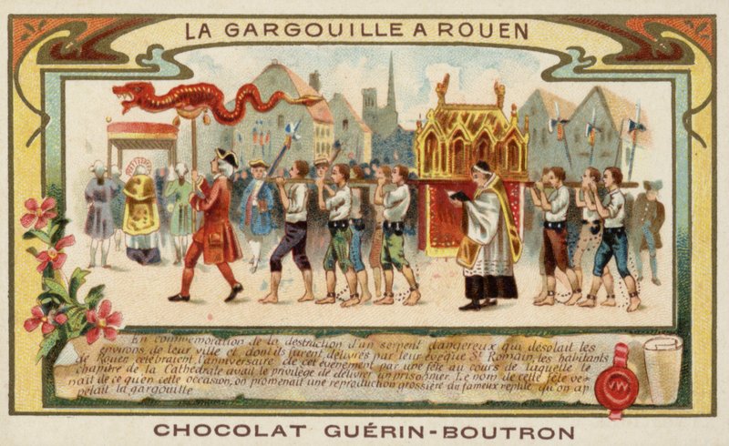 Připomínka vysvobození Rouenu z Gargouille od svatého Romana (chromolitho) od French School