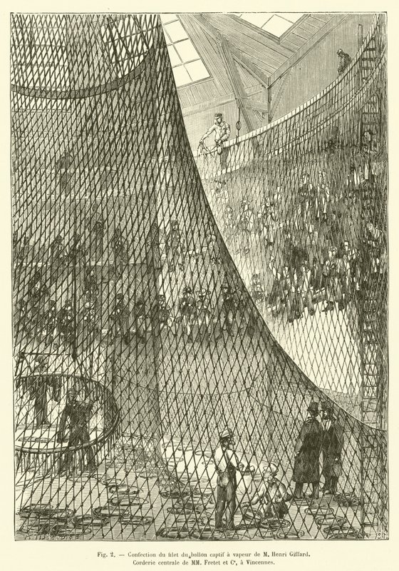 Výroba sítě parního balónu M Henriho Giffarda, Corderie centrale MM Fretet et Ce, ve Vincennes (rytina) od French School
