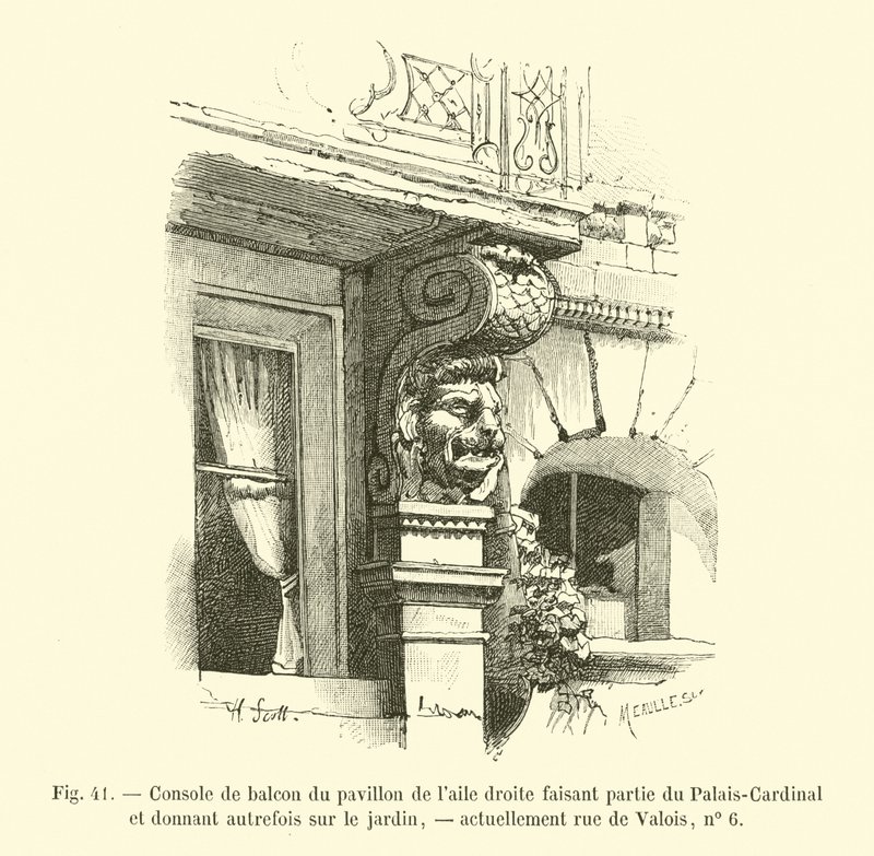 Balkonová konzola pavilonu v pravém křídle, součást Palais-Cardinal a dříve s výhledem do zahrady, v současnosti rue de Valois, č. 6 od French School