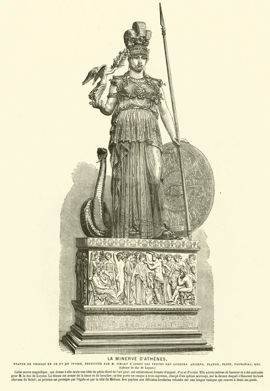 Kopie Athény Parthenos, monumentální socha od starověkého řeckého sochaře Phidias (rytina) od French School