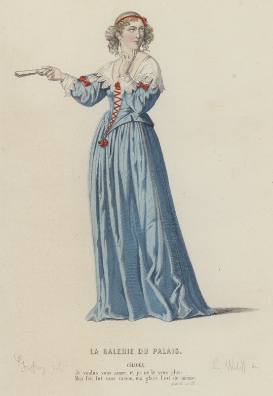 Corneille, La Galerie Du Palais, Act II, Sc IX (barevná rytina) od French School