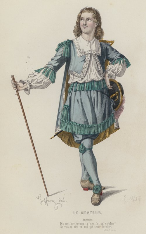 Corneille, Le Menteur, Act I, Sc I (barevná rytina) od French School