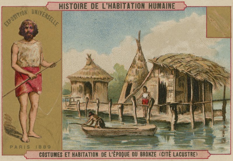 Kostýmy a jezerní obydlí z doby bronzové (chromolitho) od French School