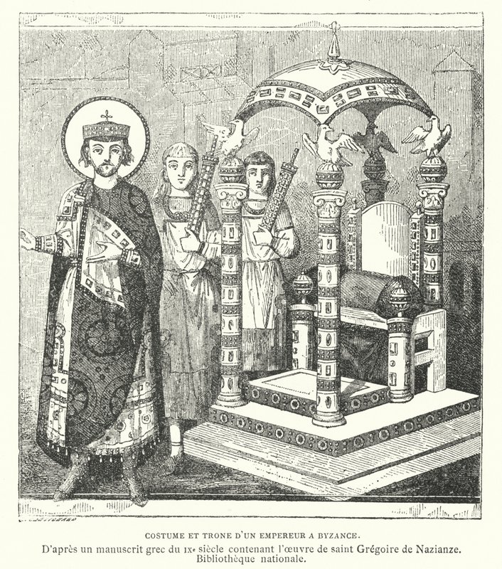 Kostým a trůn byzantského císaře, 9. století (rytina) od French School