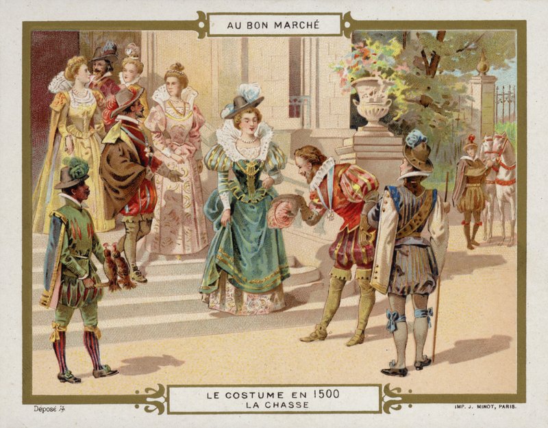 Kostým v roce 1500 - lov (chromolitho) od French School