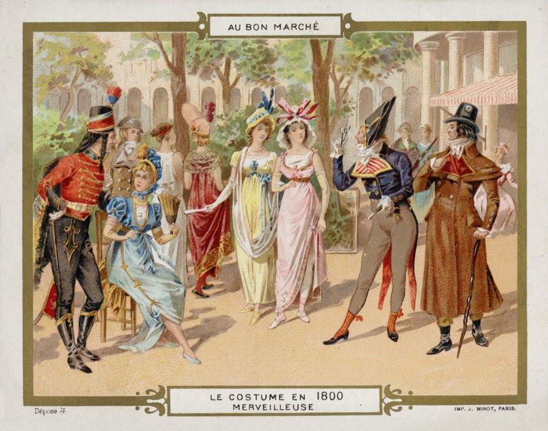 Kostým v roce 1800 - merveilleuse (chromolitho) od French School