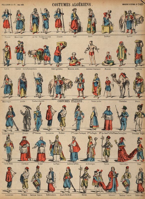 Kostýmy Alžírska a Itálie (barevná rytina) od French School