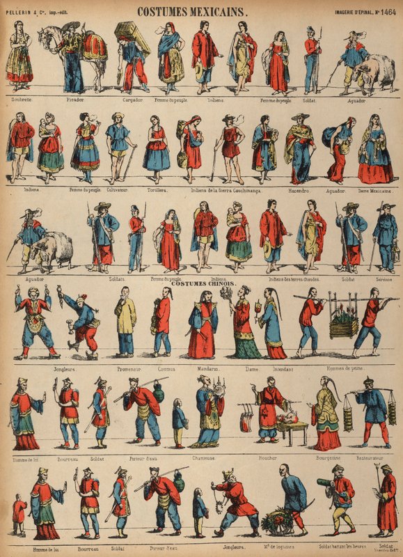 Kostýmy Mexika a Číny (barevná rytina) od French School