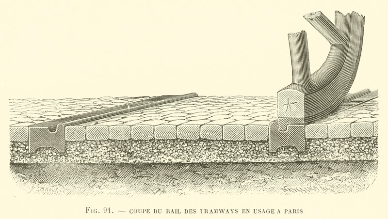 Část kolejnice tramvají v provozu v Paříži (rytina) od French School
