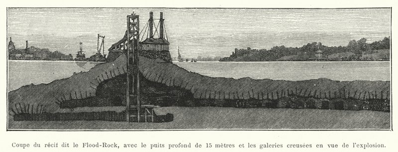 Úsek útesu zvaný Flood-Rock s 15 metrů hlubokou studnou a galeriemi vykopanými pro výbuch (rytina) od French School