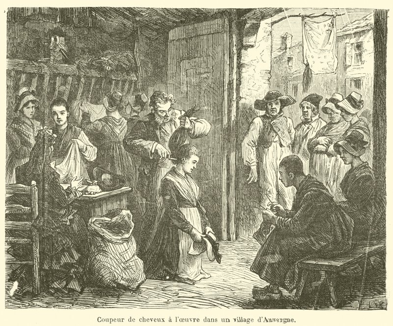 Kadeřník při práci ve vesnici v Auvergne (rytina) od French School
