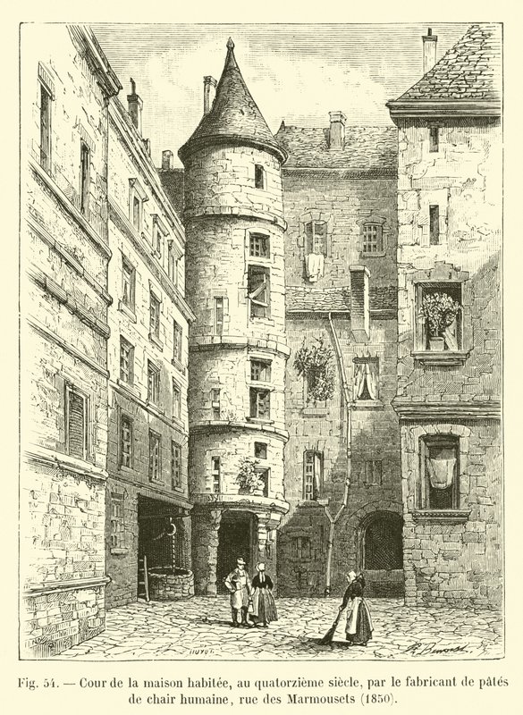 Nádvoří domu obývaného ve čtrnáctém století výrobcem těstovin z lidského masa, rue des Marmousets, 1850 od French School