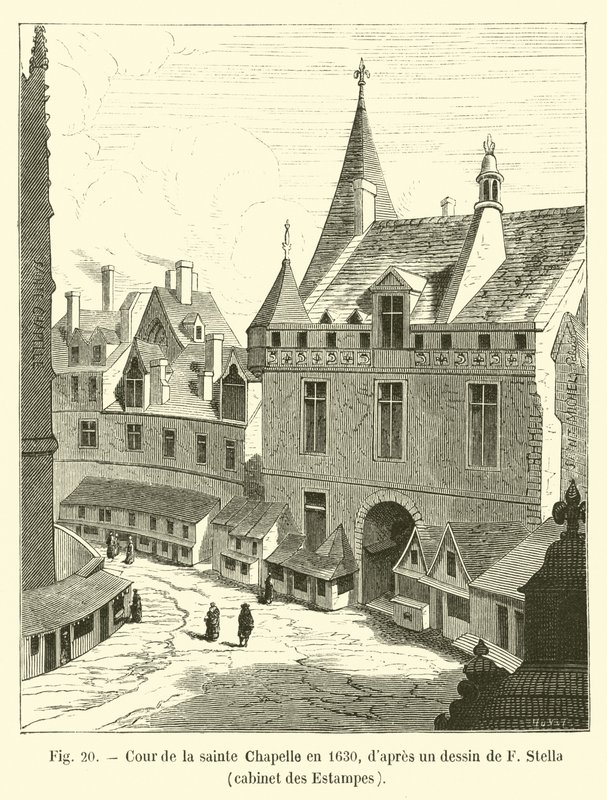 Nádvoří Sainte Chapelle v roce 1630, podle kresby F Stelly, Cabinet des Estampes od French School