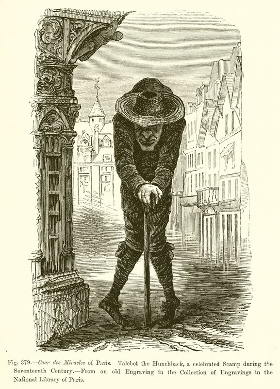 Cour des Miracles v Paříži. Hrbáč Talebot, slavný Scamp v sedmnáctém století od French School