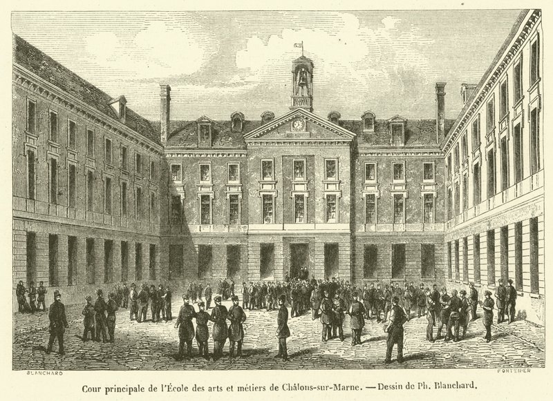 Hlavní nádvoří školy umění a řemesel Chalons-sur-Marne (rytina) od French School