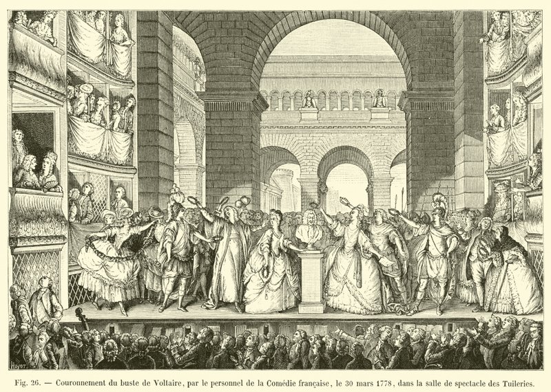 Korunovace busty Voltaira štábem Comedie francaise dne 30. března 1778 v sále představení Tuileries od French School