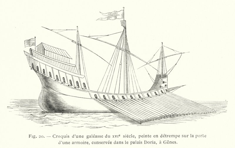 Náčrt galéry ze 16. století, malba temperou na dveřích skříně, zachovaná v paláci Doria, v Janově (rytina) od French School