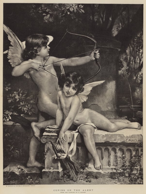 Cupids ve střehu (rytina) od French School