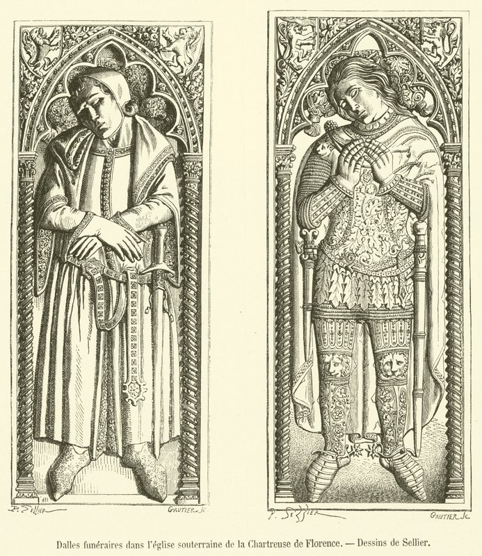 Pohřební desky v podzemním kostele Charterhouse of Florence (rytina) od French School