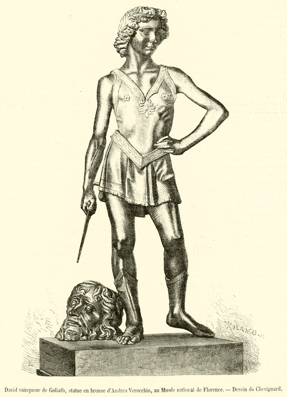 David dobývá Goliáše, bronzová socha Andrea Verocchio, v Národním muzeu ve Florencii (rytina) od French School