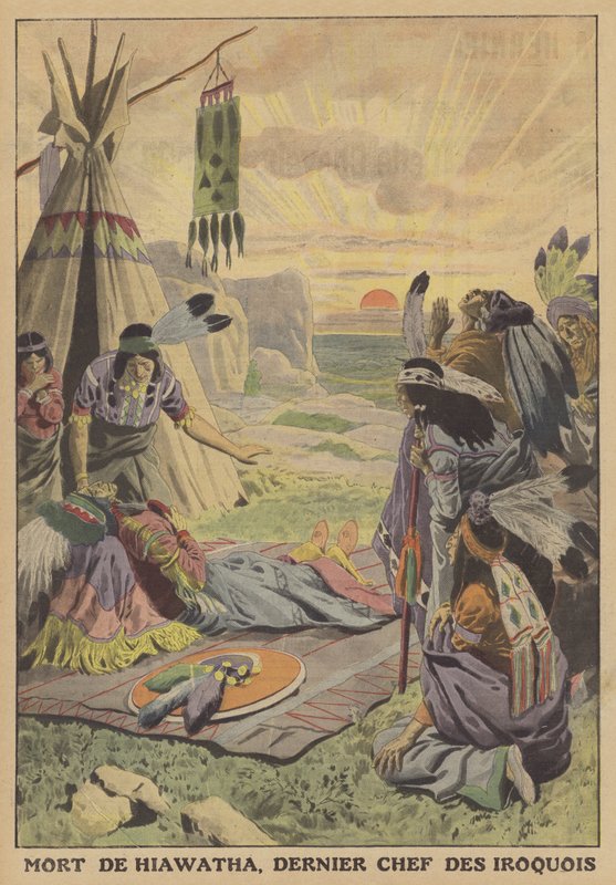 Smrt Hiawatha, posledního náčelníka Irokézů (barva litho) od French School