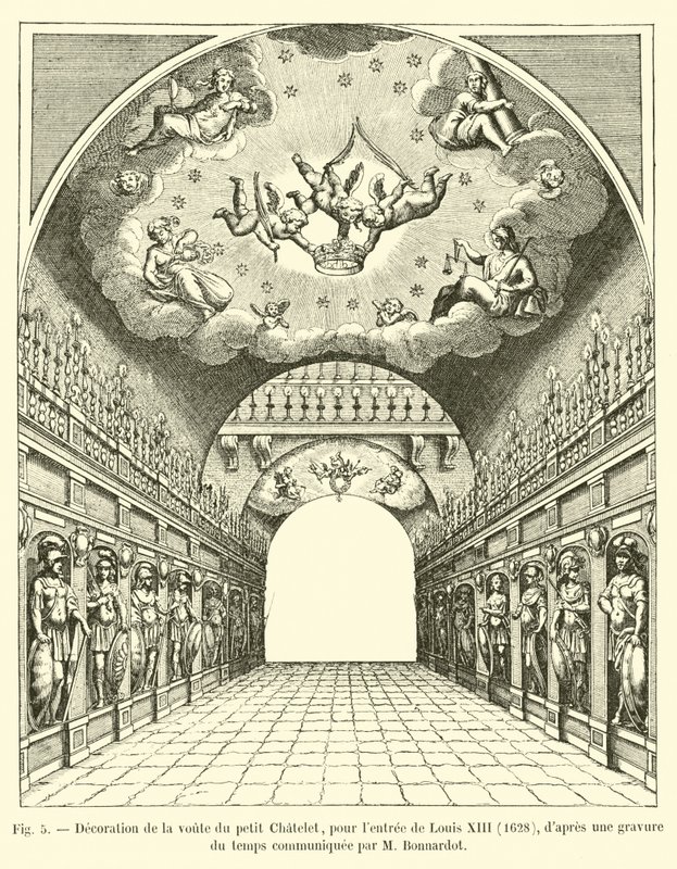 Výzdoba klenby Petit Chatelet, pro vchod Ludvíka XIII., 1628, po rytině doby sdělené M. Bonnardotem od French School