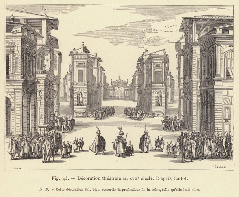 Divadelní výzdoba v 17. století (rytina) od French School