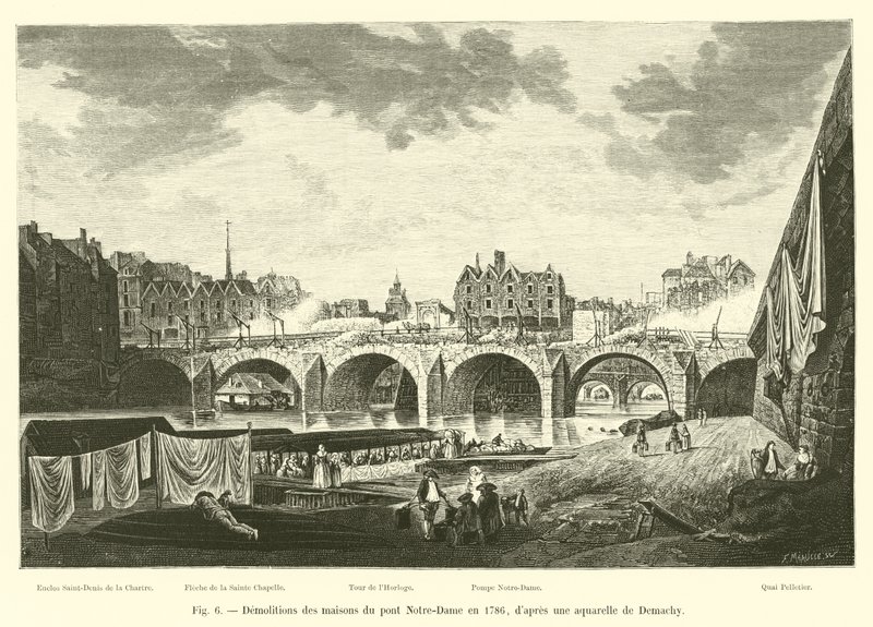 Demolice domů na mostě Notre-Dame v roce 1786, podle akvarelu od Demachy od French School