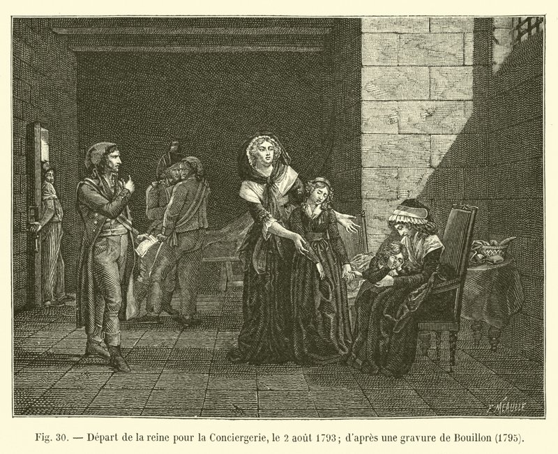 Odjezd královny do Conciergerie, 2. srpna 1793; po rytině Bouillona, ​​1795 od French School