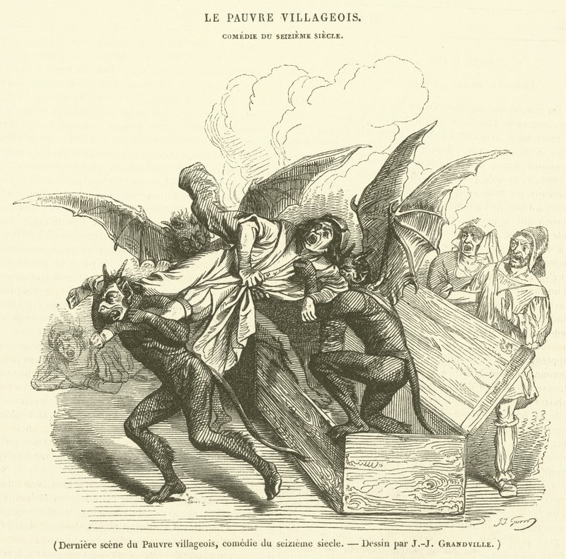 Poslední scéna Chudého vesničana, komedie ze šestnáctého století (rytina) od French School