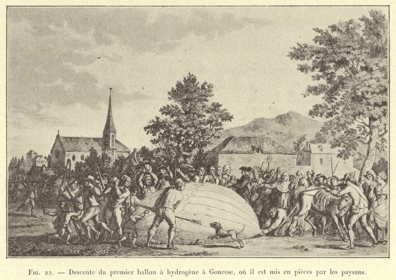 Sestup prvního vodíkového balónu do Gonesse, kde jej rolníci roztrhali na kusy (rytina) od French School