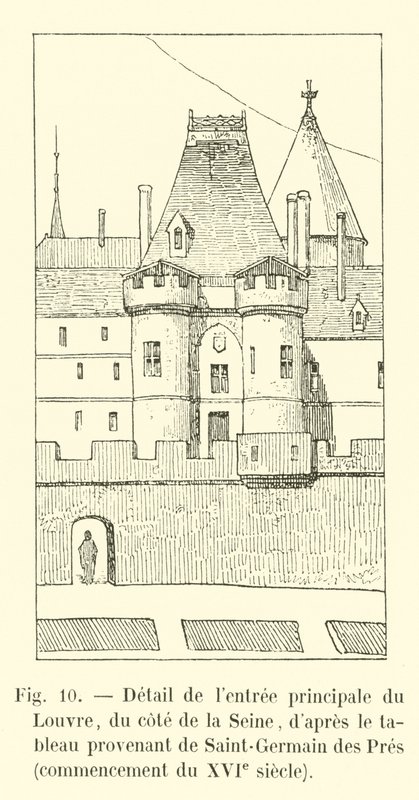 Detail hlavního vchodu do Louvru, ze strany Seiny, podle obrazu ze Saint-Germain des Pres, začátek 16. století od French School