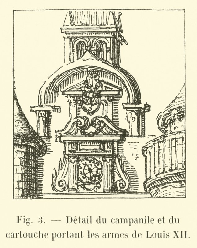 Detail zvonice a kartuše nesoucí paže Ludvíka XII od French School