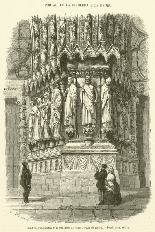 Detail hlavního portálu katedrály v Remeši, levé arkýře (rytina) od French School
