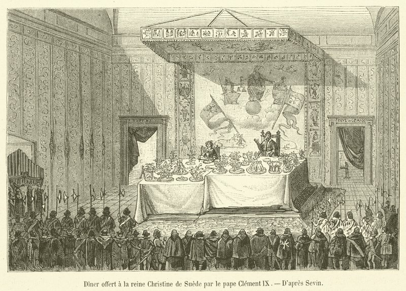 Večeře nabízená švédské královně Kristině papežem Klementem IX. (rytina) od French School