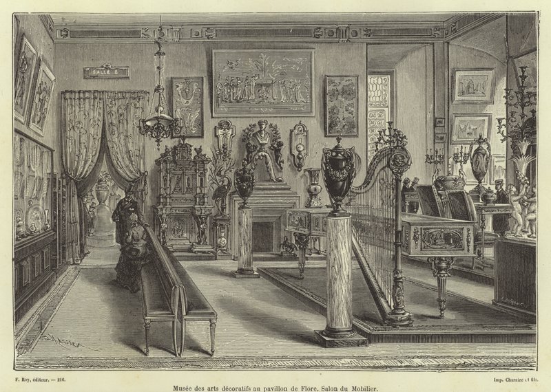 Výstava nábytku do obývacího pokoje, Pavillon de Flore, palác Louvre, Paříž od French School