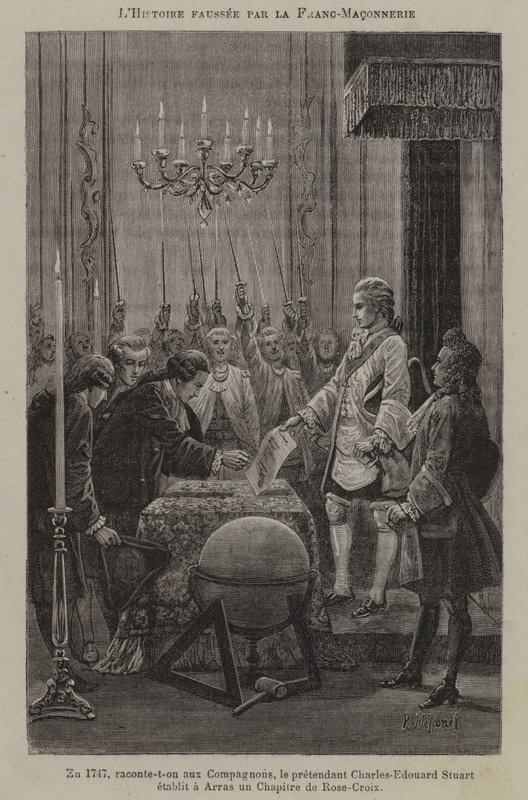 Zkreslení dějin svobodnými zednáři: údajné založení kapituly rosekruciánů předstíraným Karlem Edwardem Stuartem v Arrasu v roce 1747 (rytina) od French School