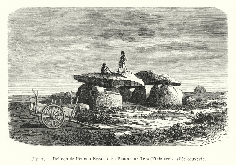 Dolmen of Pennou Kreach, v Plouneour Trez, Finistere, krytý chodník (rytina) od French School