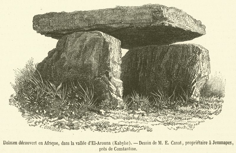 Dolmen objeven v Africe, v údolí El-Arouna, Kabylie (rytina) od French School