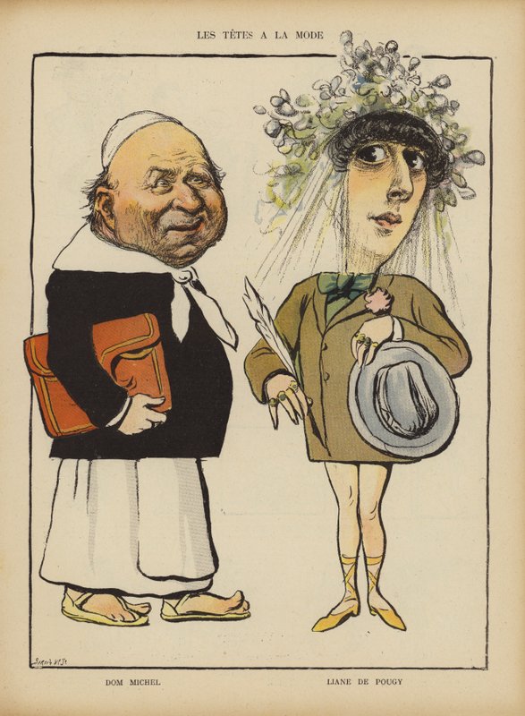Dom Michel a francouzská tanečnice a kurtizána Liane de Pougy. Ilustrace pro Le Rire (barevné lito) od French School