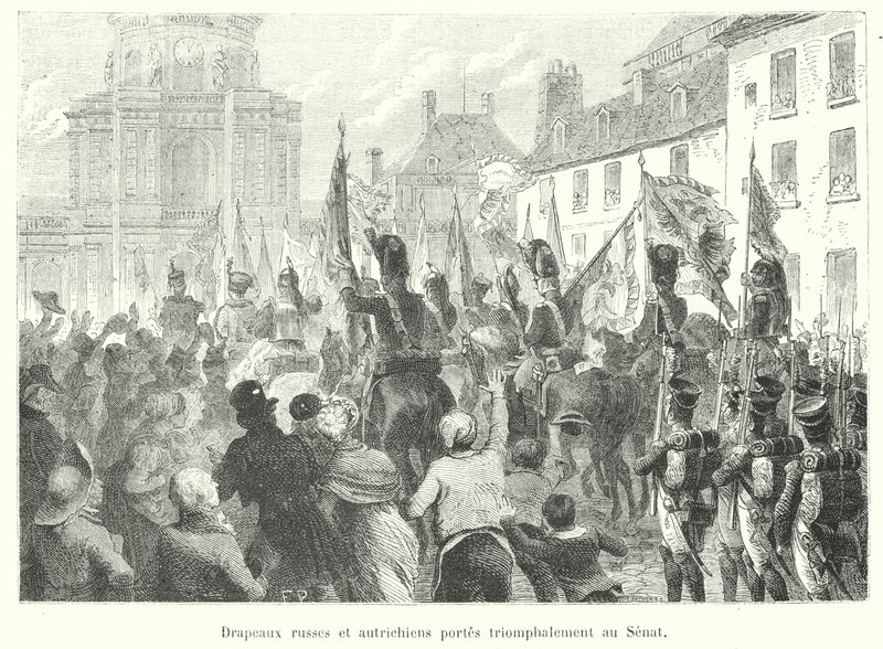 Ruské a rakouské vlajky nesou triumfálně do Senátu (rytina) od French School