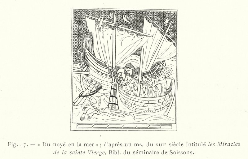 Od utonutí v moři; po ms ze 13. století s názvem Zázraky Panny Marie, Bibl ze semináře v Soissons (rytina) od French School